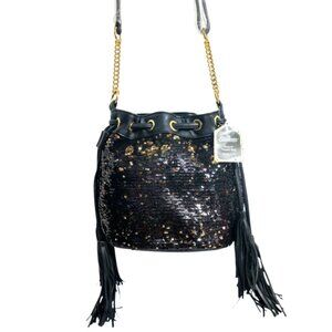 NWT Silk Elements Women's Black/Gold Sequin Tassel Drawstring Crossbody Bag